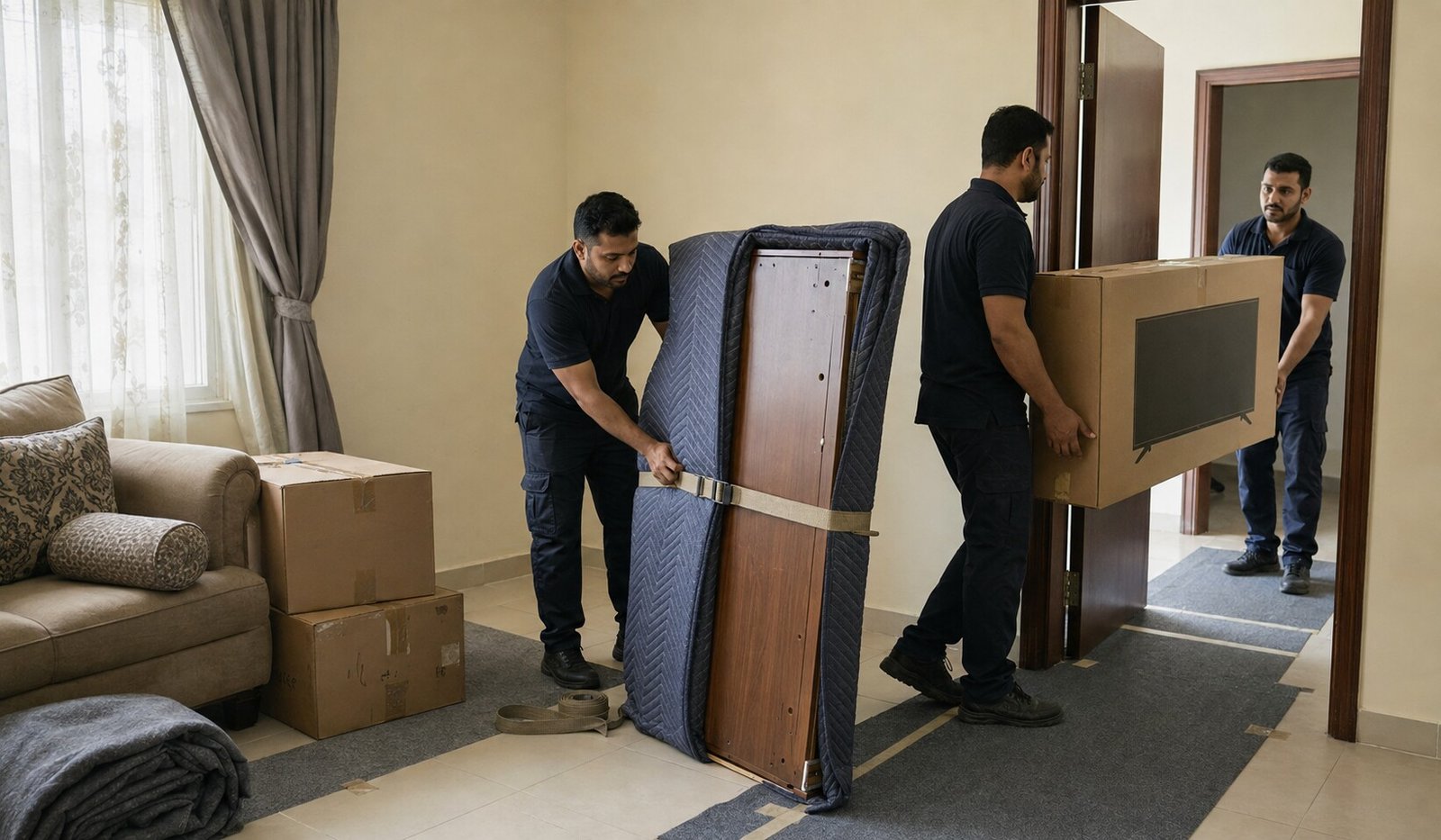 Movers handling furniture inside a Saudi home