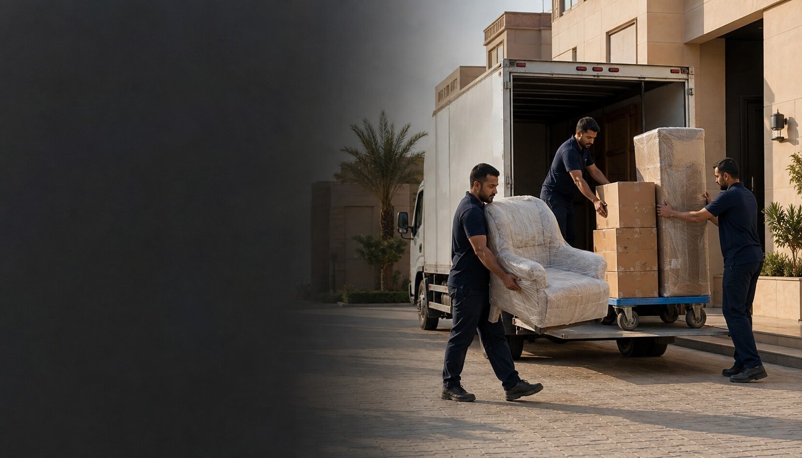 Professional furniture movers at a Saudi home
