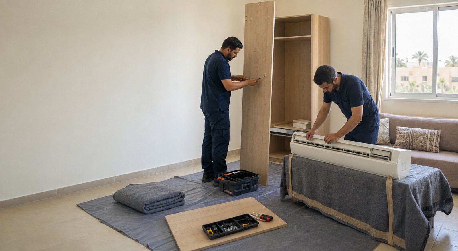 Technicians preparing furniture and an AC unit for installation