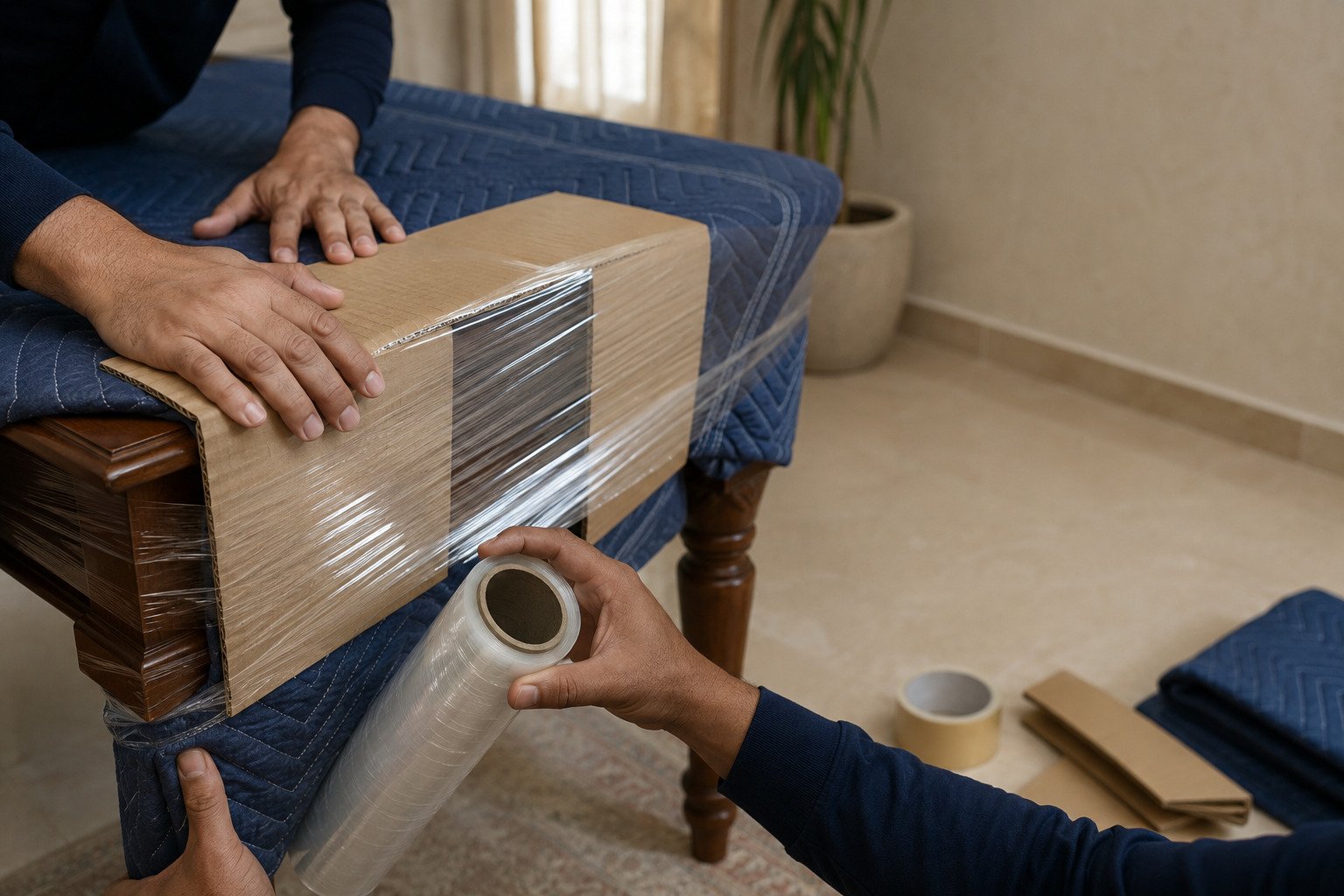 Professional hands wrapping a wooden table for moving